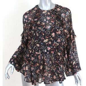 IRO Paris Women's Black Floral Print Ruffled Crepe French Size 42 XL Long Sleeve